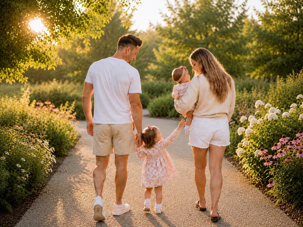 A family of four walking together on a garden path at sunset surrounded by blooming flowers and trees