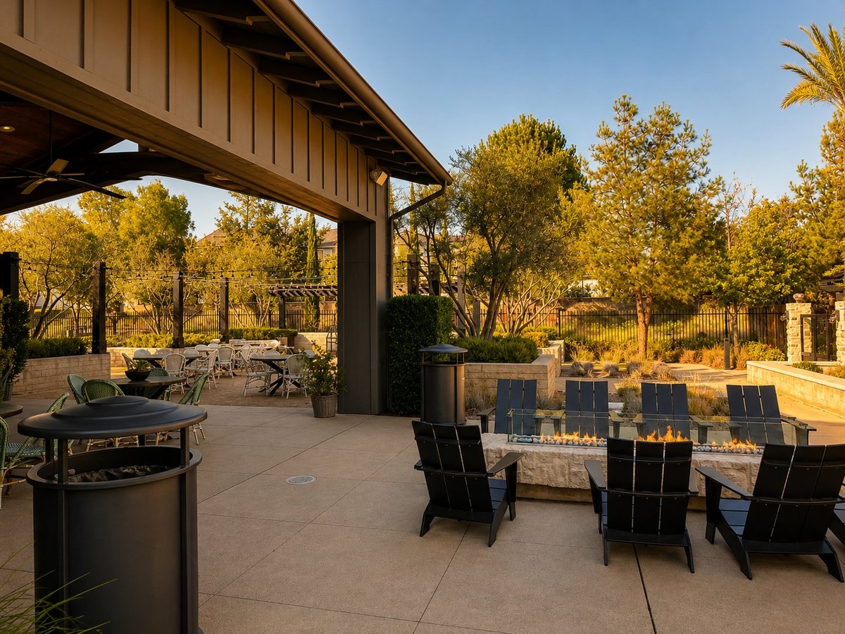 Covered patio with black dining chairs, grill, and fire pit overlooking wooded backyard at golden hour