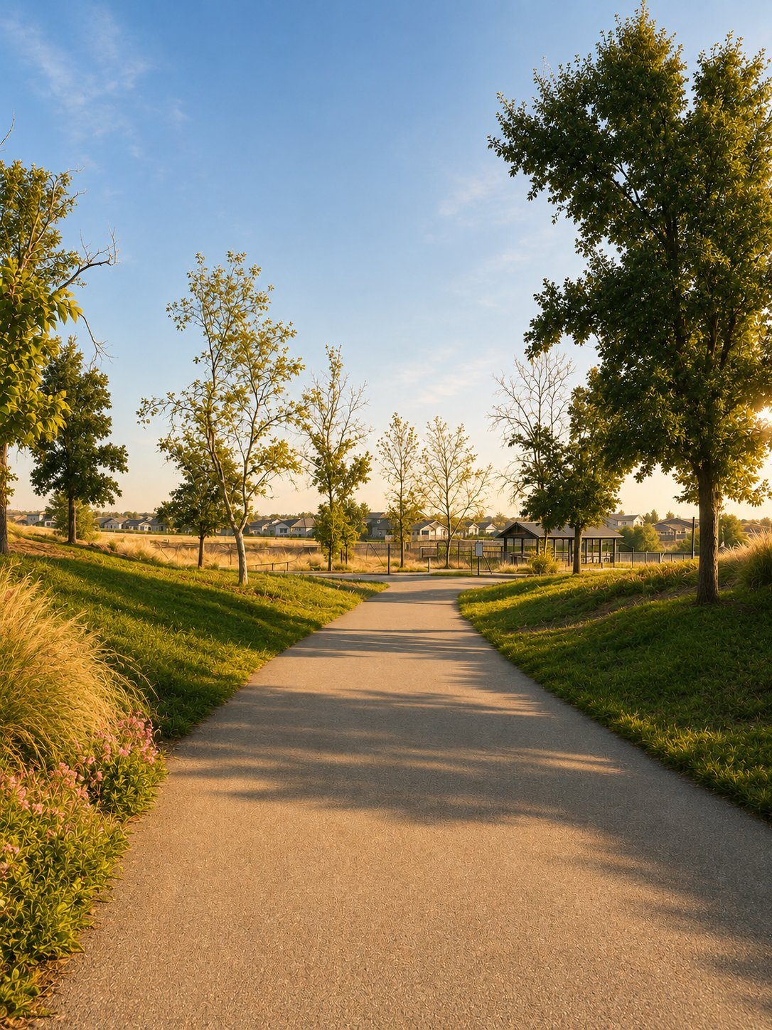 Paved pathway lined with green grass and trees at sunset with park structures and neighborhood homes visible in the distance at Tesoro Viejo
