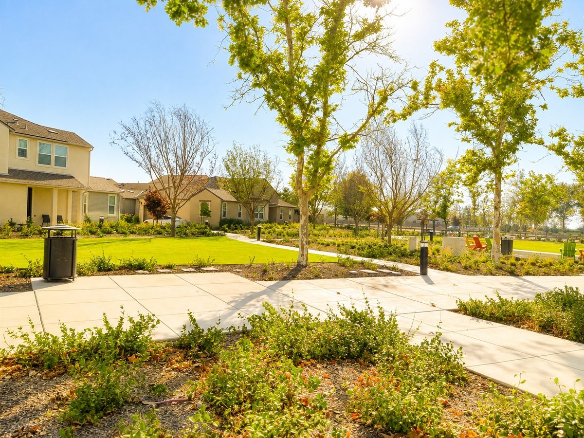 Suburban neighborhood with yellow houses, tree-lined streets, and manicured lawns