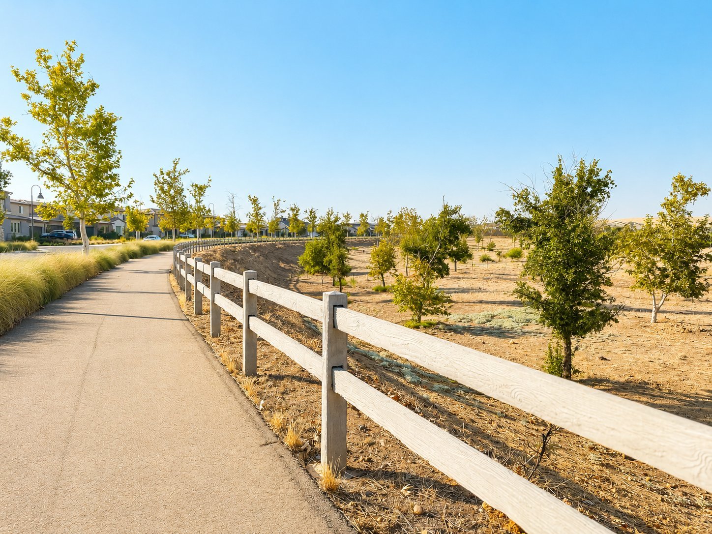 Paved path along white ranch fence with young trees and grassy landscape under clear blue sky