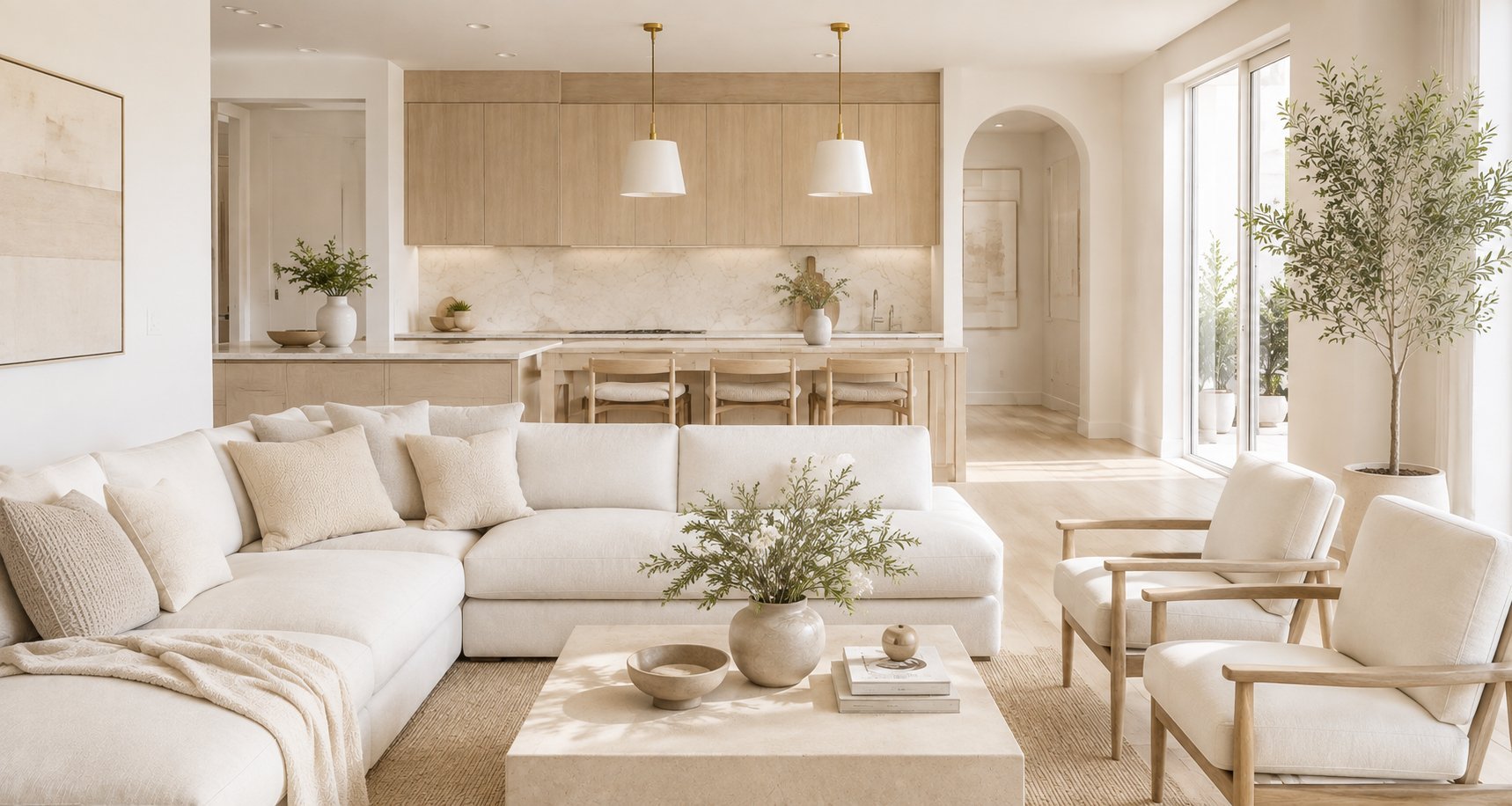 Bright, minimalist living room with beige furnishings, open kitchen, pendant lights, natural wood accents, and potted plants