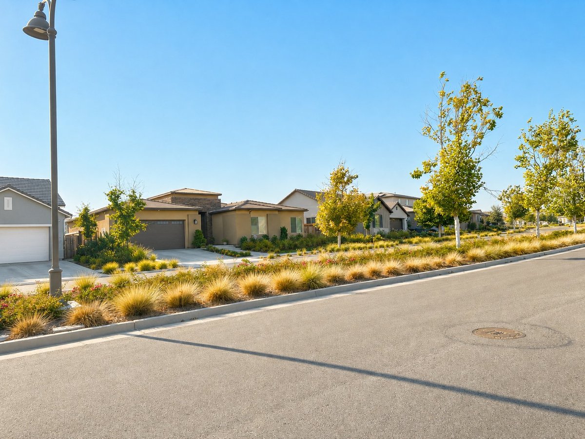 Residential street with suburban homes featuring tan stucco architecture, drought-resistant landscaping, and clear blue sky
