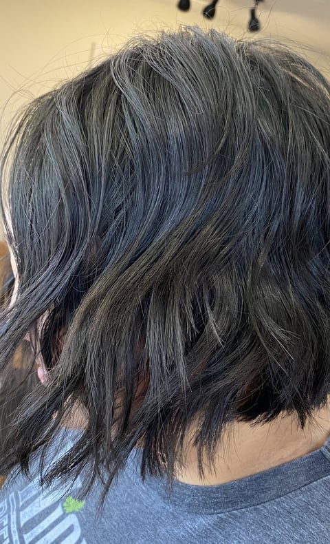 Back view of a person with dark layered hair featuring subtle blue highlights and textured waves
