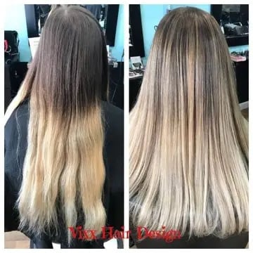 Before and after comparison of long blonde hair showing smoothing and styling treatment results
