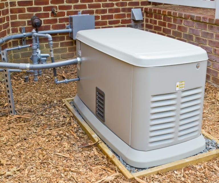 Beige backup generator installed on gravel beside brick wall with blue gas line connections