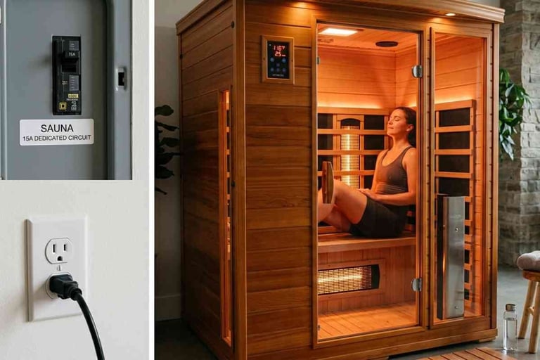 Woman using an infrared sauna cabin in a home, with control panels visible on the wooden exterior