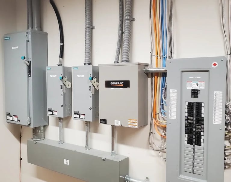 Commercial-grade electrical panel installation with multiple circuit breaker boxes and conduit wiring — CN Electrical licensed industrial electricians serving Fraser Valley manufacturing facilities