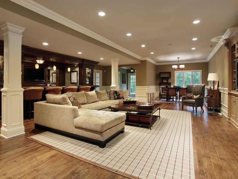 Finished basement with recessed LED pot lights and modern interior lighting — CN Electrical lighting installation in Chilliwack, BC