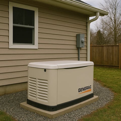Beige Generac standby generator installed on concrete pad beside residential home with tan siding and window