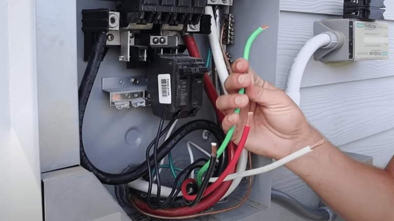 Technician inspecting electrical wiring and connections inside a white circuit breaker panel with colored wires and components