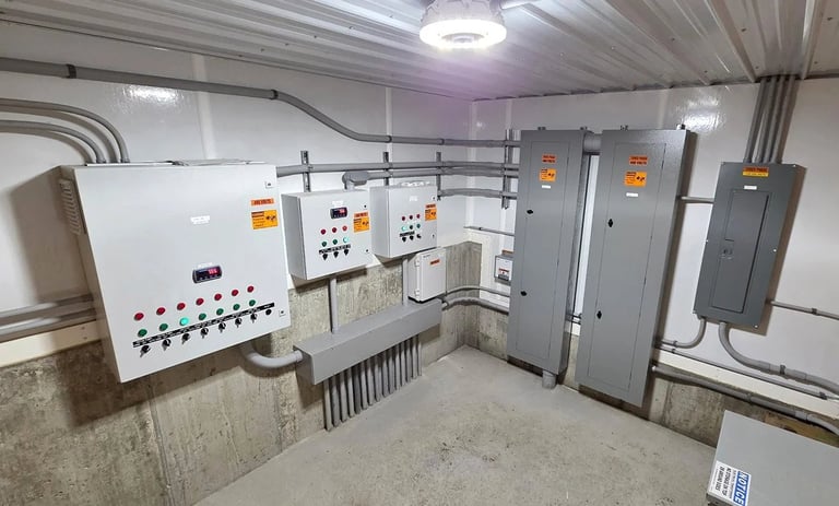 Multi-unit residential electrical panel room with circuit breakers and distribution equipment — CN Electrical strata and multi-unit electrical services in Chilliwack, BC