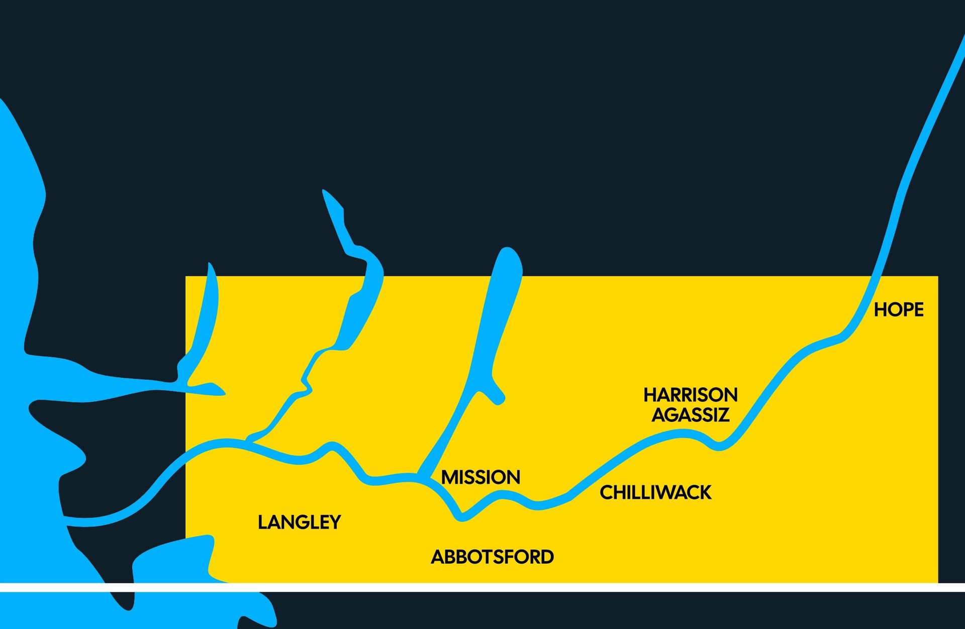 Map of British Columbia showing rivers and towns including Langley, Mission, Chilliwack, Abbotsford, Harrison, and Hope
