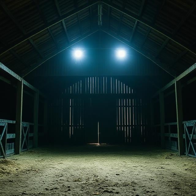 Empty horse stable interior at night with bright overhead lights, sandy floor, and metal gates