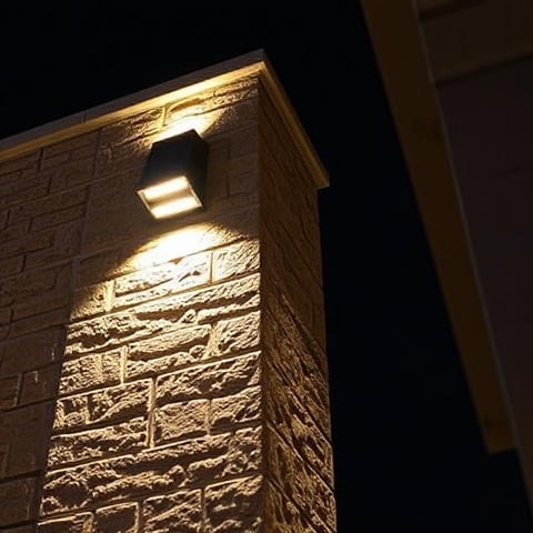 Nighttime view of an illuminated brick building corner with wall-mounted outdoor lighting fixtures against a dark sky