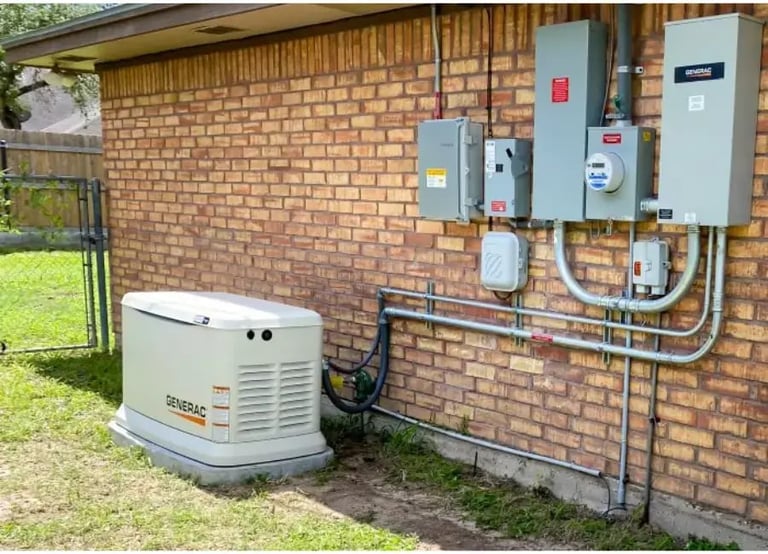 Residential backup generator and electrical panel mounted on brick wall of house exterior