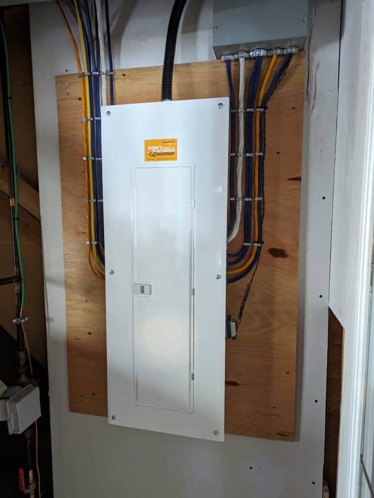 White electrical panel mounted on plywood backing with bundled yellow and black cables on either side