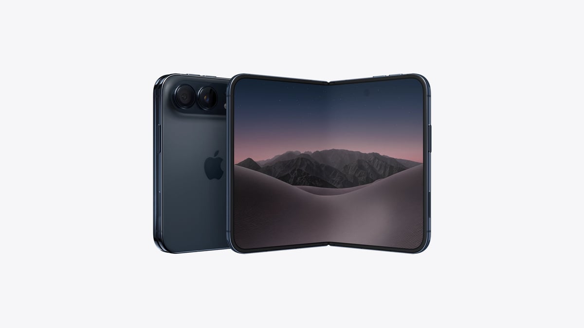 Foldable smartphone with dual cameras on left showing landscape wallpaper on flexible curved display