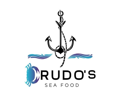 Crudos Seafood logo featuring an anchor with a crab and wave design