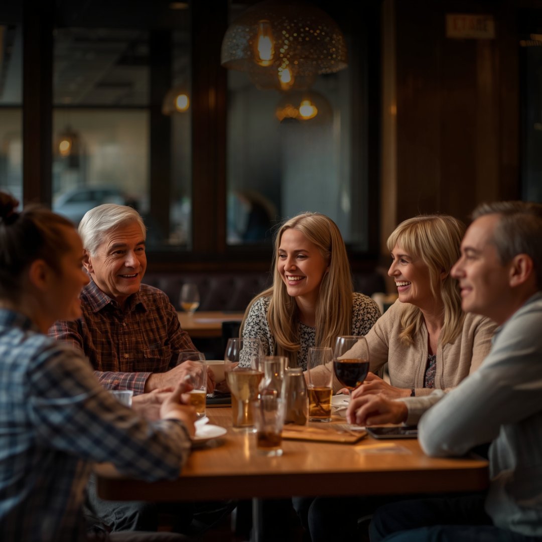 Five adults seated at a wooden table in a warm-lit restaurant or bar, engaged in conversation with drinks in front of them