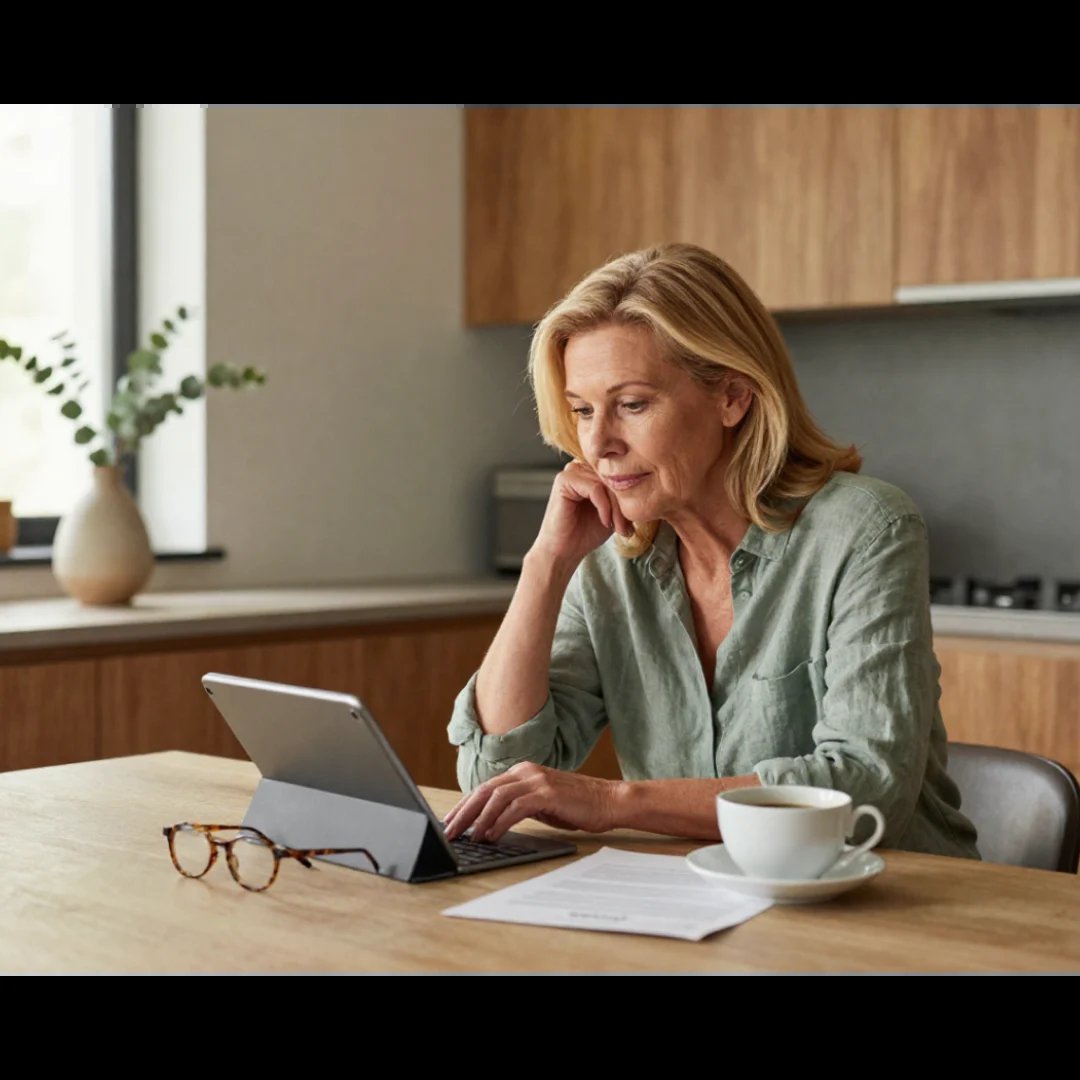 Middle-aged woman in sage green shirt working on tablet at kitchen table with coffee, glasses, and notepad nearby