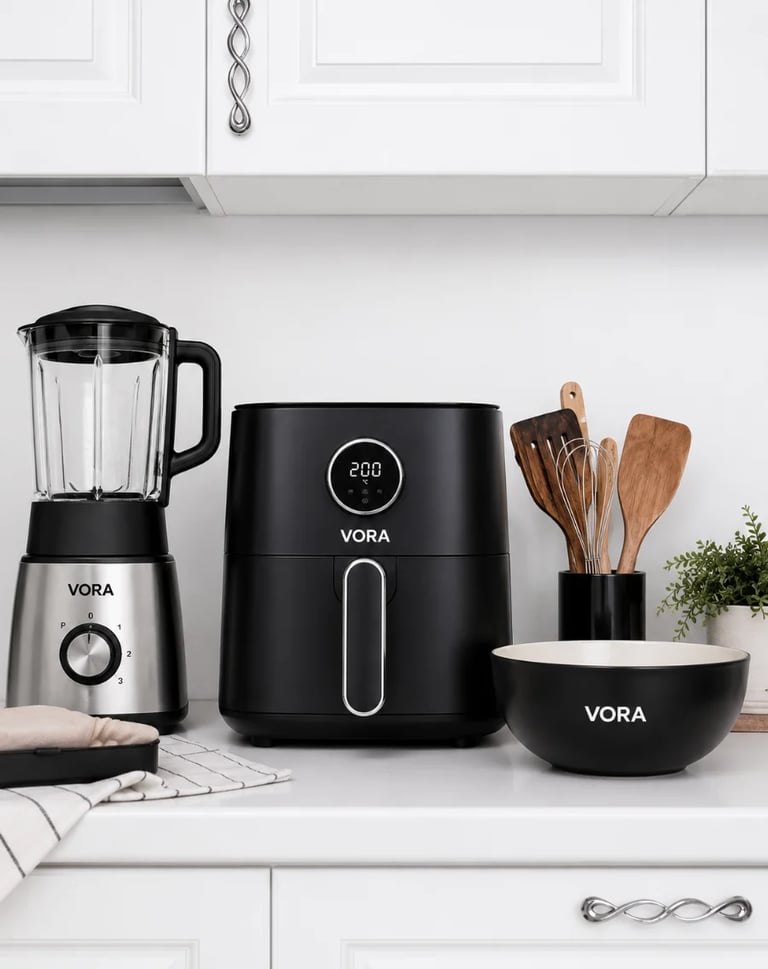 VORA kitchen appliances on white countertop: blender, air fryer, and mixing bowl with wooden utensils