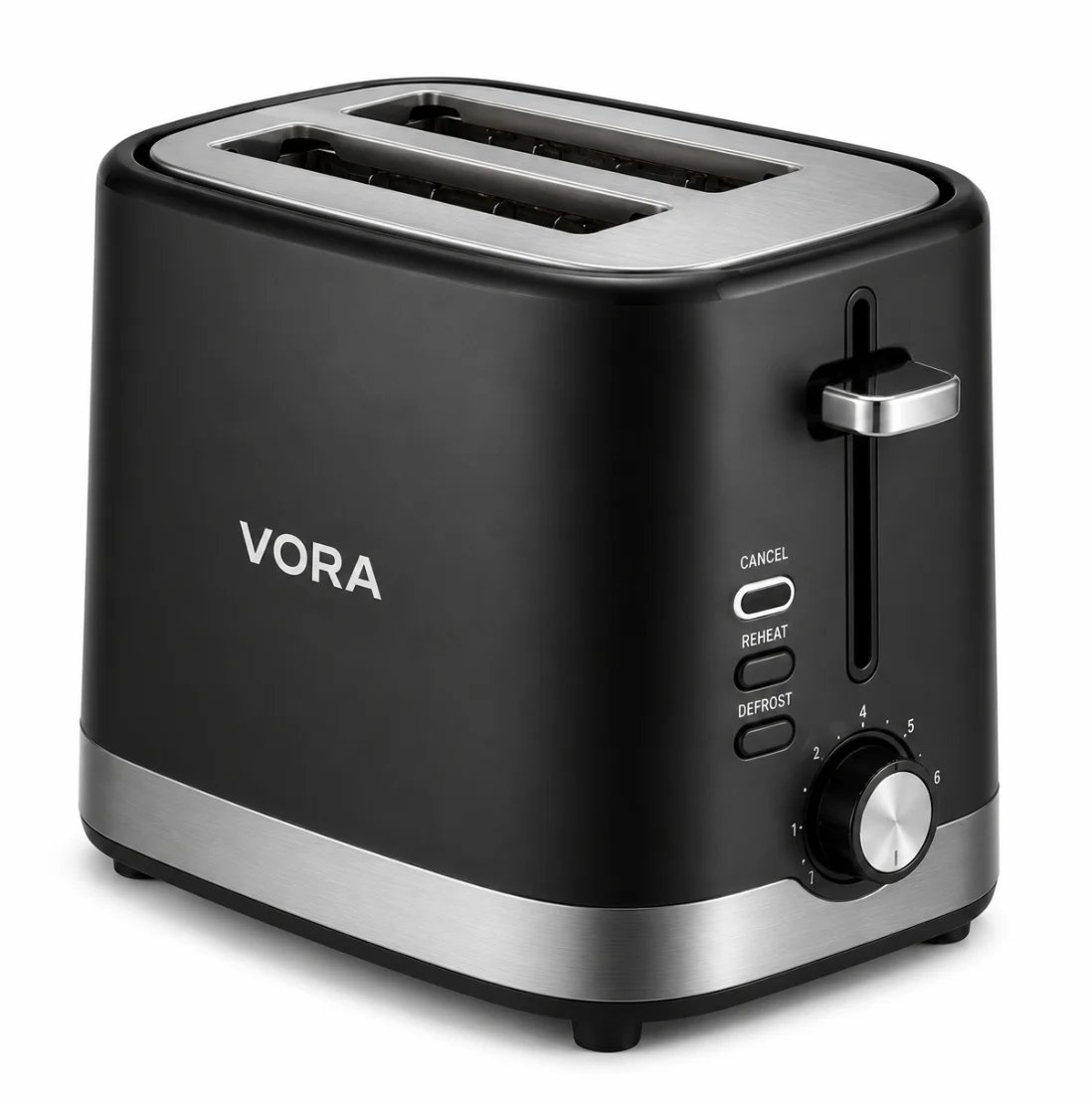 Black and silver VORA two-slice toaster with control buttons and browning dial