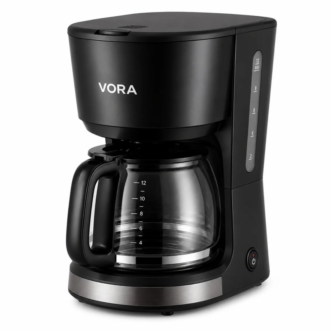 Black VORA drip coffee maker with glass carafe and water level indicator