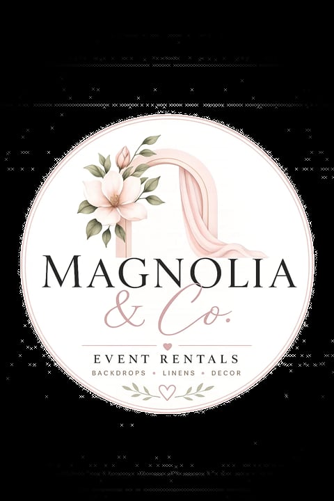 Magnolia & Co. Event Rentals logo featuring pink magnolia flowers, elegant script text, and services listed as backdrops, linens, and decor