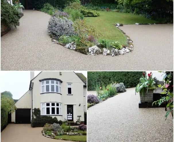 Collage of residential property showing curved gravel driveway, landscaped beds with flowering plants, two-story house with rounded bay window, and garden areas