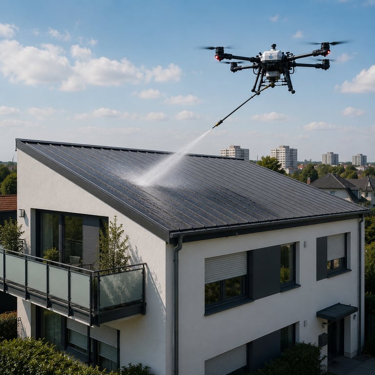 Drohne reinigt ein Pultdach mit integrierten Solarpaneelen an einem modernen weißen Haus vor der Berliner Skyline.