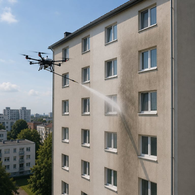 Drohne reinigt eine Putzfassade eines mehrstöckigen Wohngebäudes mit Wasserstrahl.
