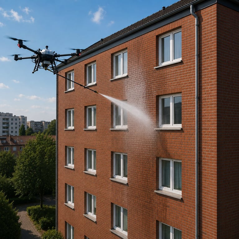 Drohne reinigt eine Ziegelfassade eines mehrstöckigen Backsteingebäudes mit Wasserstrahl.