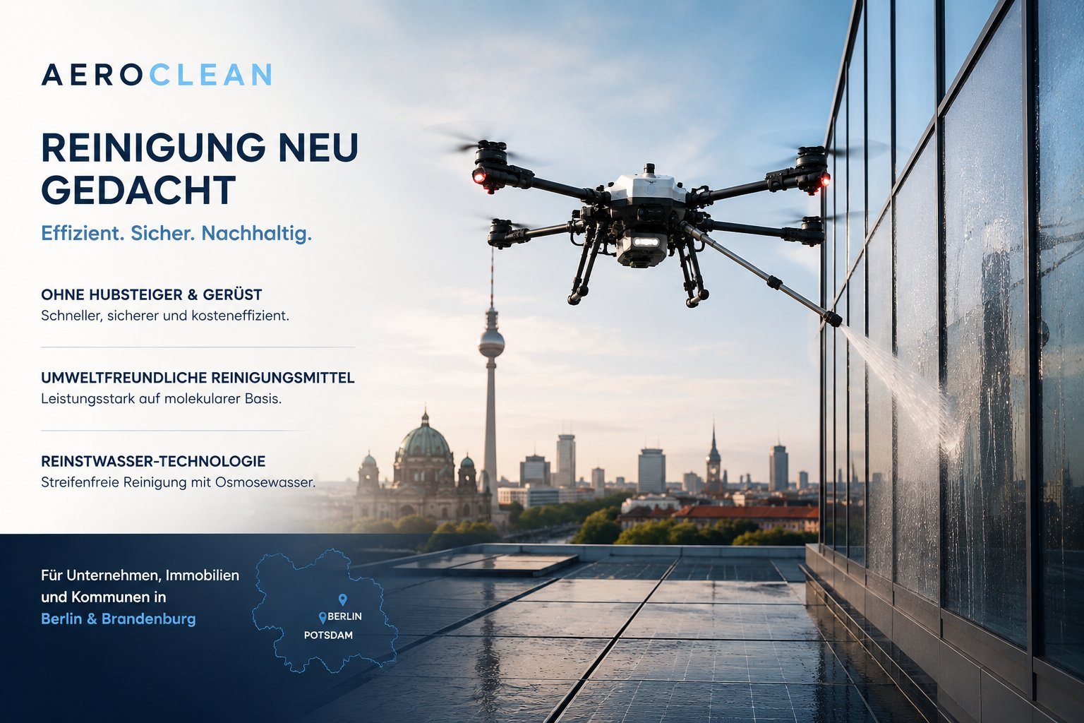 Drone hovering above a building rooftop with Berlin cityscape in background for AEROCLEAN cleaning service advertisement