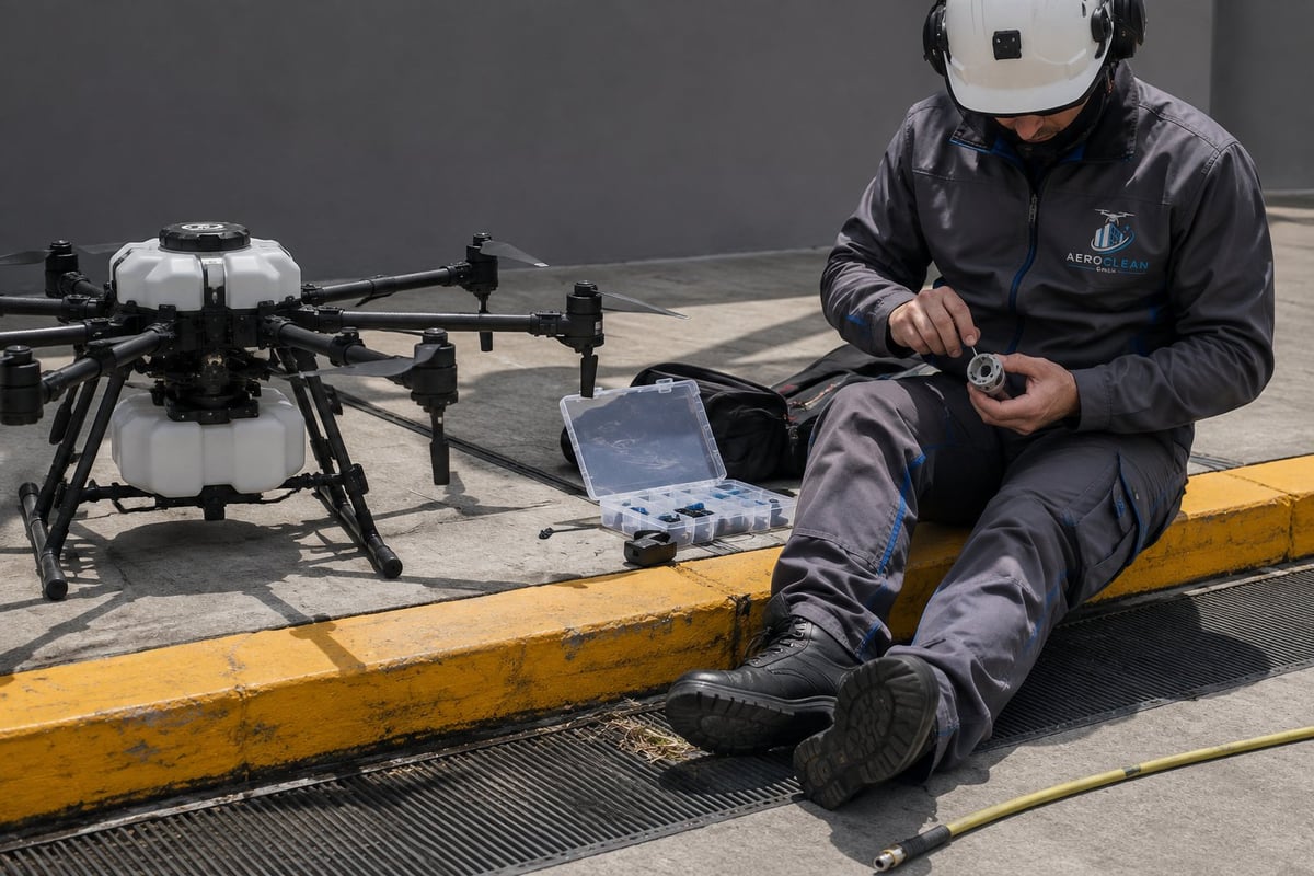 Operator in winter gear sits on yellow platform controlling large industrial drone with laptop during outdoor testing