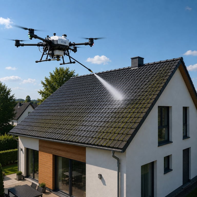 Drohne reinigt ein Satteldach eines modernen weißen Hauses während einer Dachreinigung.