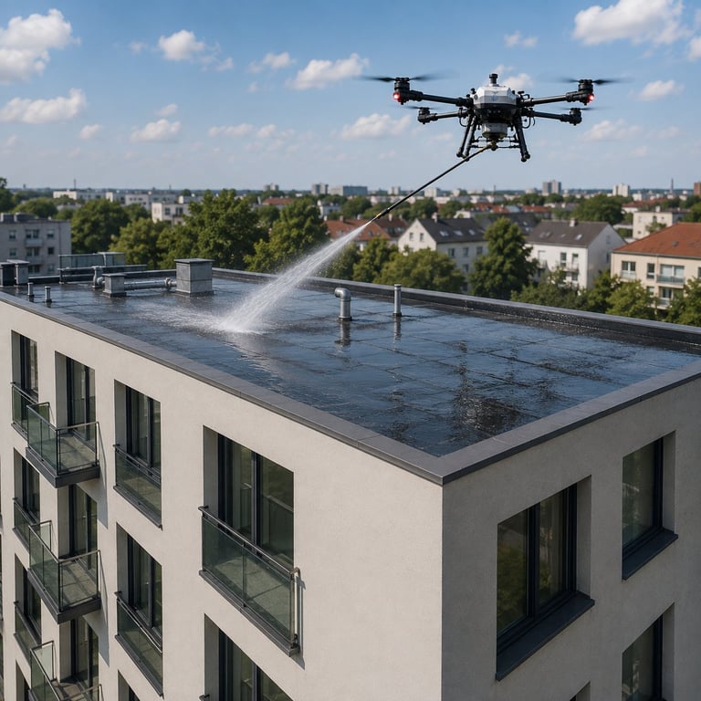 Drohne reinigt das Flachdach eines modernen Wohngebäudes mit Wasserstrahl, Stadtsilhouette im Hintergrund.