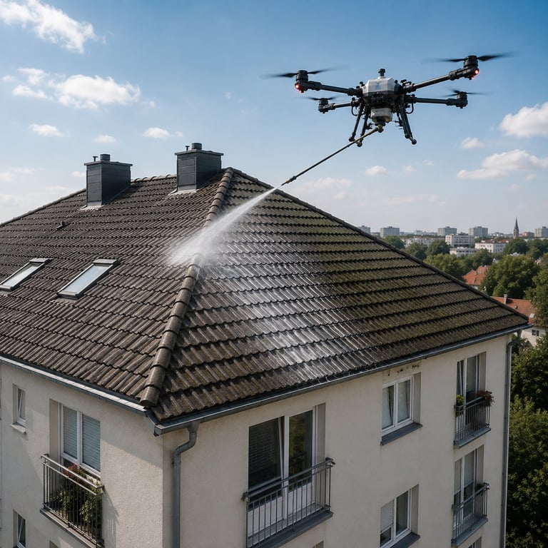Drohne reinigt ein Walmdach eines Wohnhauses mit Wasserstrahl.