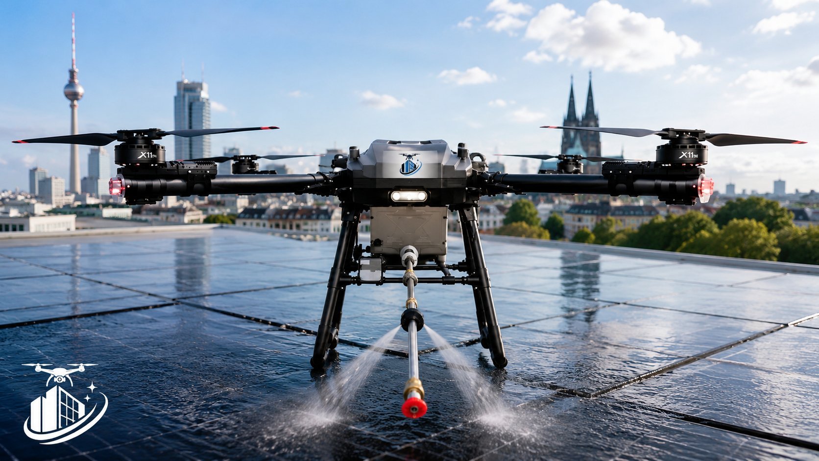 Reinigungsdrohne von AeroClean bei der Außenreinigung eines Gebäudes mit urbaner Skyline im Hintergrund.