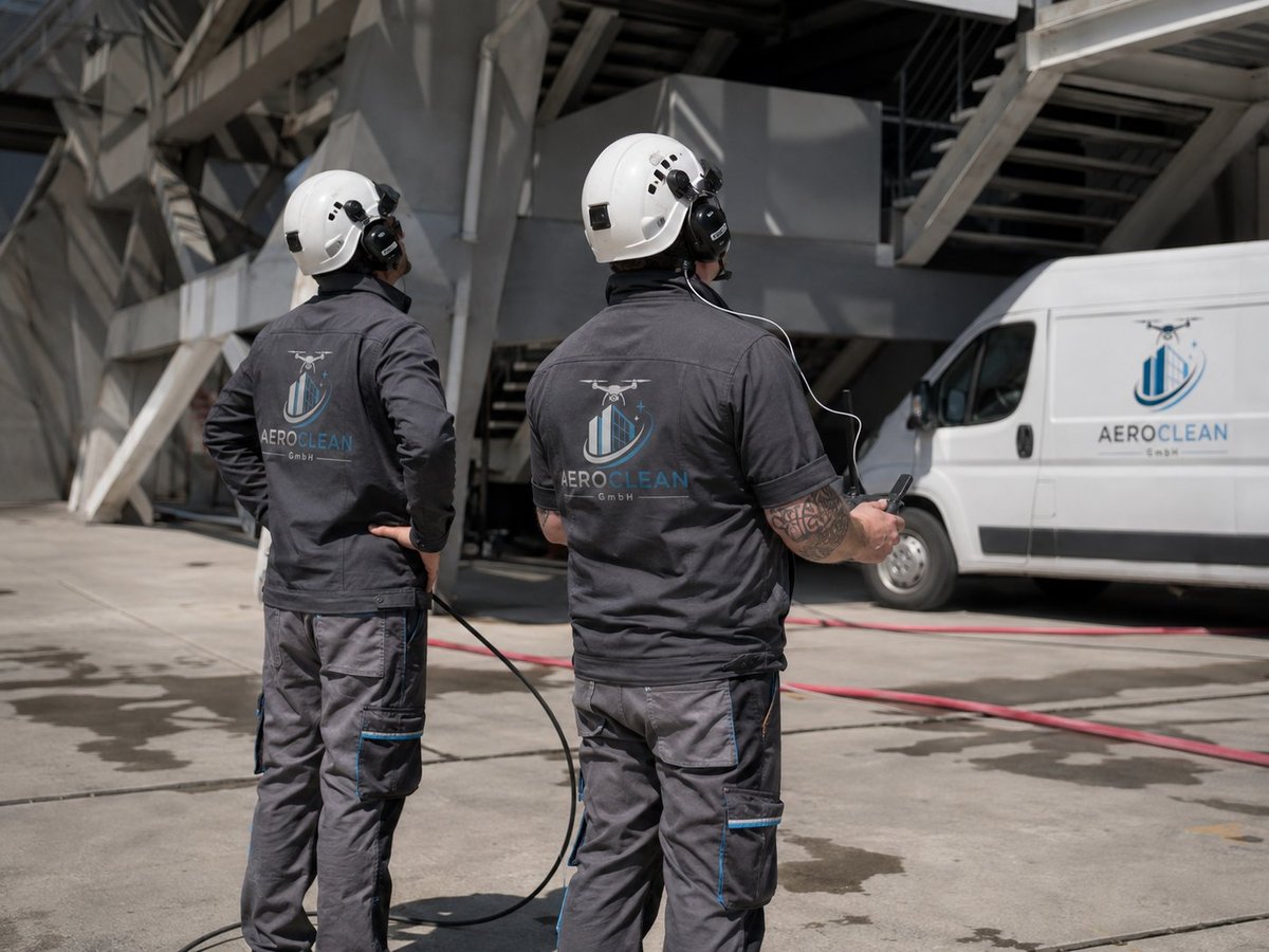 Two workers in white helmets and black uniforms holding a red hose at an industrial facility with metal structures and a white van in the background