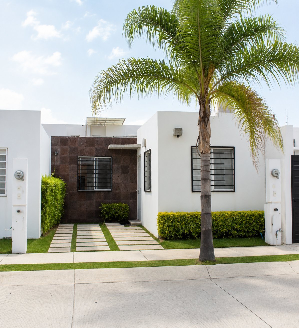 Fachada moderna de la casa minimalista con muros blancos, muro de acento color café oscuro, ventana con protecciones, palmera y jardín con camino de lajas