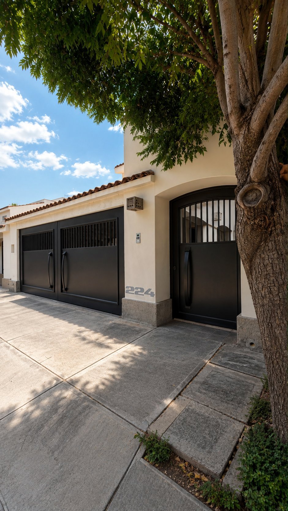 Fachada de la casa estilo español color crema con cochera doble de portones metálicos negros, árbol grande de sombra, número 224 y piso de concreto