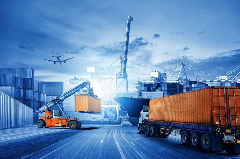 Busy shipping port with cargo containers, forklift, truck, and cargo ship under blue sky with crane operations