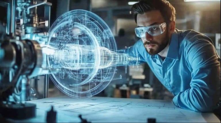 Engineer in blue shirt examining holographic 3D technology display in modern tech laboratory