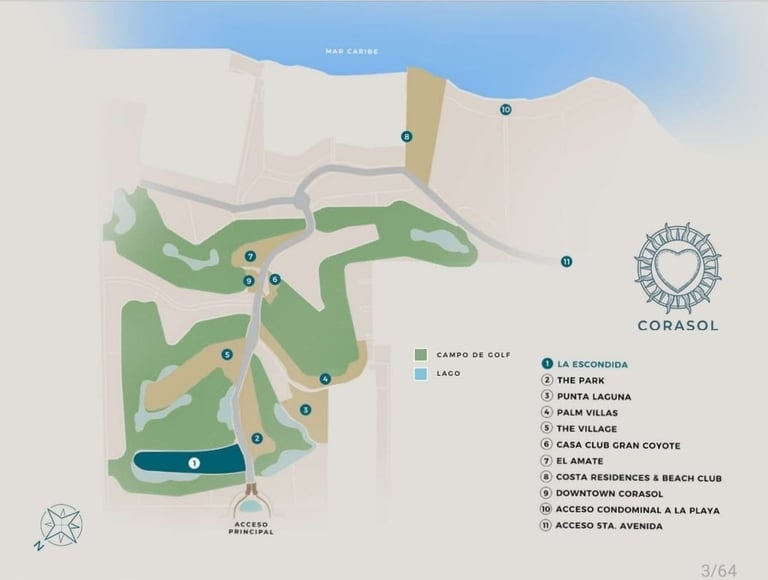 Mapa de la comunidad Corasol mostrando las seis comunidades residenciales y amenidades del master plan