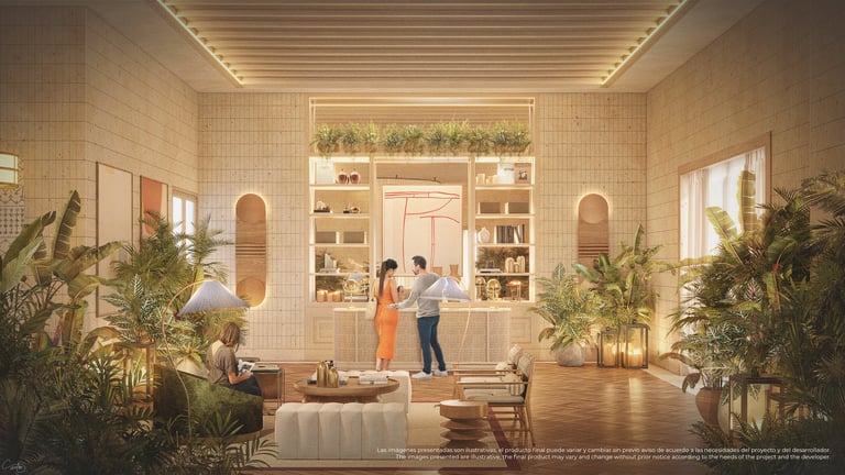 Sala moderna en tonos cálidos con plantas y estantería integrada con iluminación ambiental