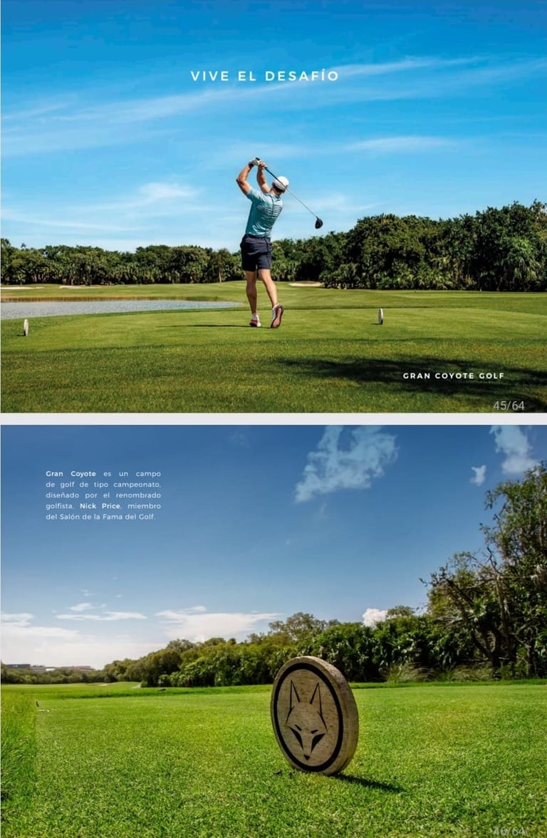 Golfista jugando en el campo Gran Coyote Golf rodeado de vegetación tropical dentro de Corasol, Riviera Maya