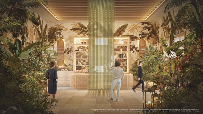 Espacio interior moderno con plantas tropicales, estantería de madera e iluminación cálida