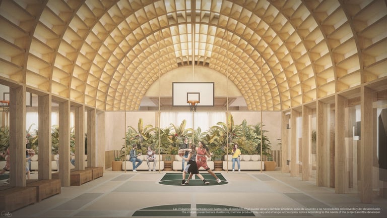 Cancha de basquetbol indoor con techo abovedado de madera, plantas y personas jugando
