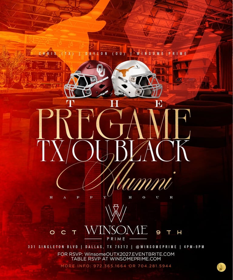 The Pregame Tx/OU Black Alumni Happy Hour flyer with two football helmets and event details for October 9th at Winsome Prime in Dallas